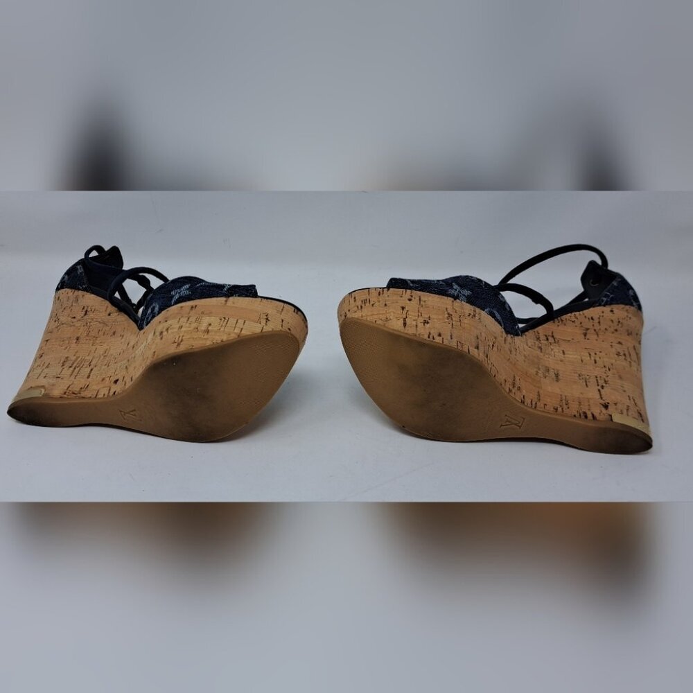 Louis Vuitton Monogram Denim Wedge Platform Ankle Wrap Pumps Shoes 7.5 / 37.5 EU - Picture 14 of 16